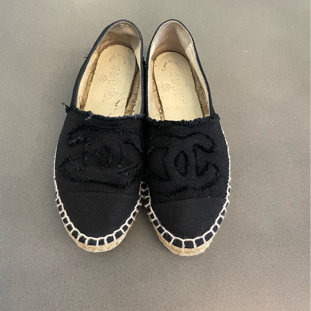 Chanel Espadrille 35 Black Canvas Linen CC